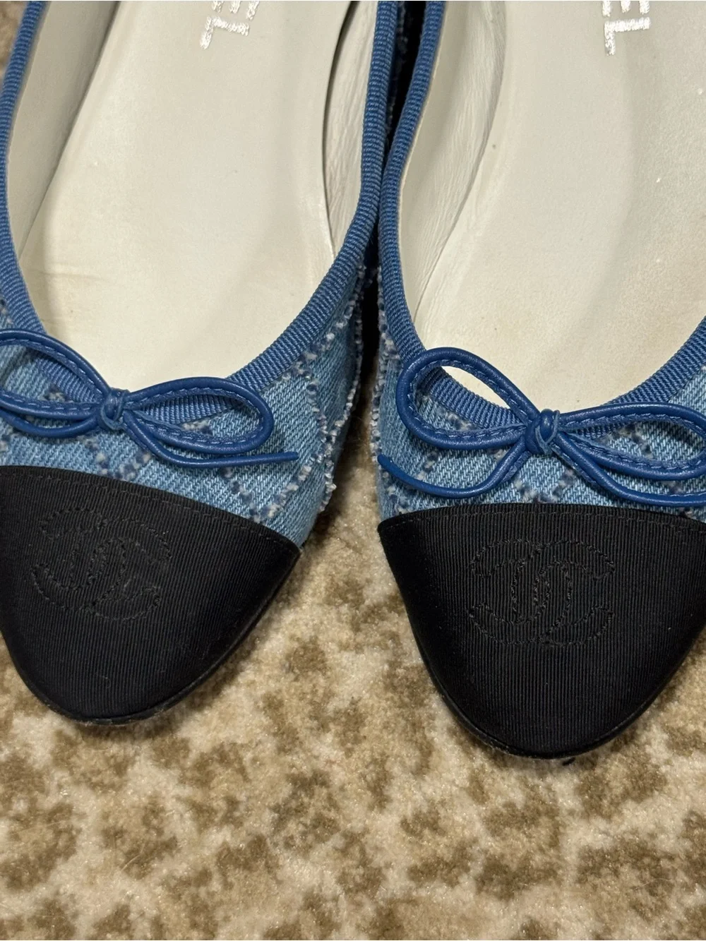 CHANEL Blue Denim and Black Cap-Toe Bow Flats
